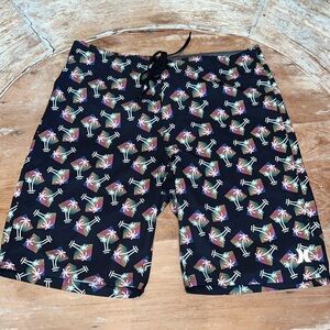 HURLEY Phantom Swim Trunks Black Neon Palm Tree Lightweight Quick Dry Size 32